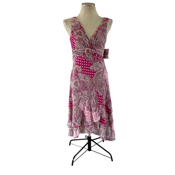 Vtg Y2K 2000s NWT Sleeveless Pink Paisley Dot Babydoll Tiered Flare Dress Sz 8 - Picture 1 of 8